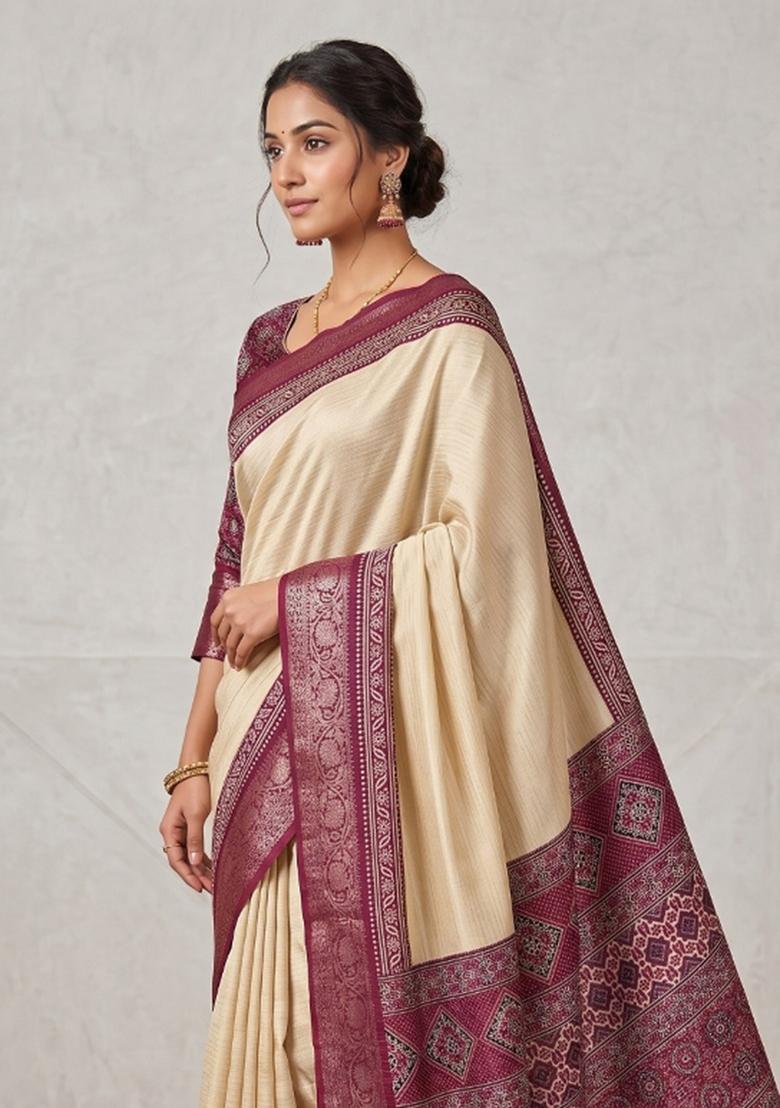 Wine Striped Silk Blend Saree Set - Indya