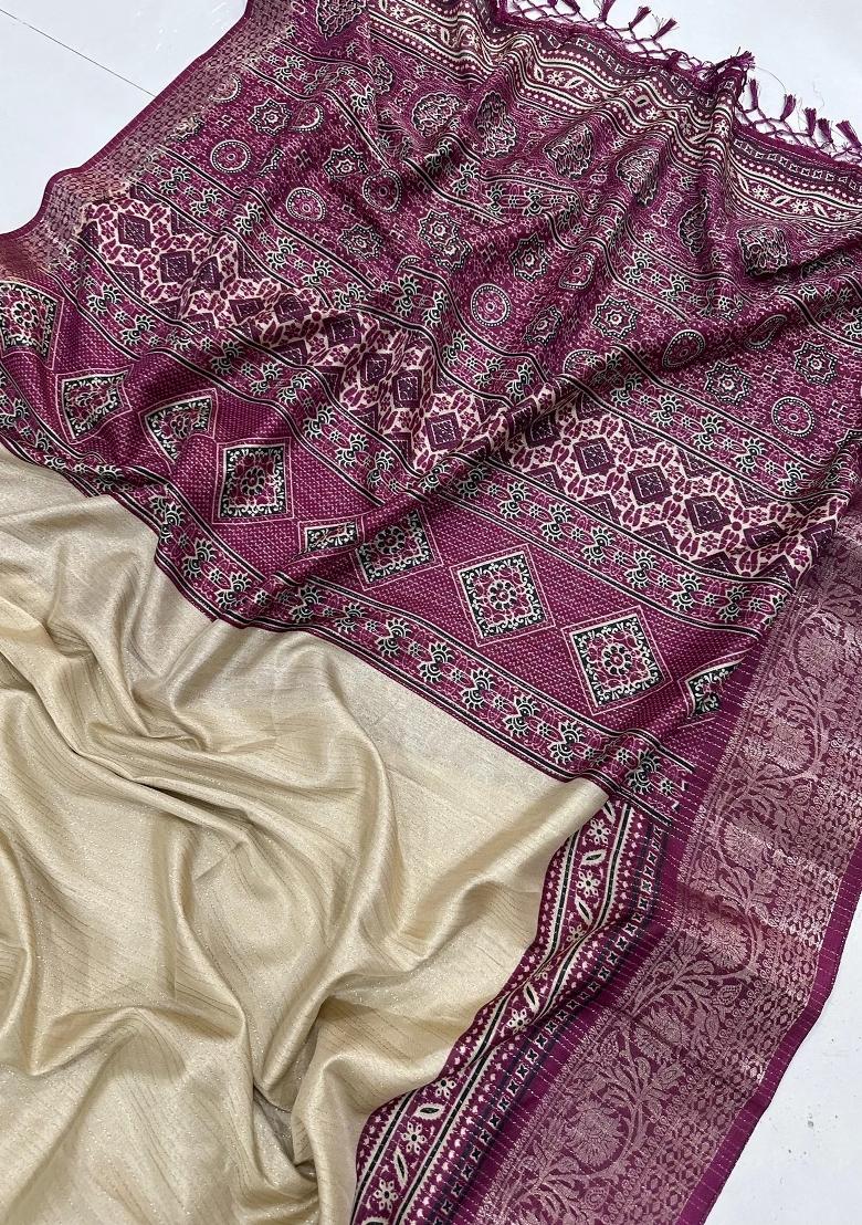 Wine Striped Silk Blend Saree Set - Indya