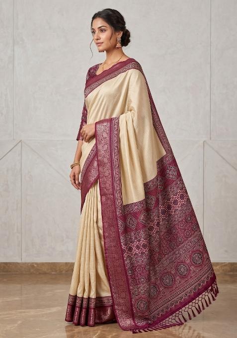 Wine Striped Silk Blend Saree Set