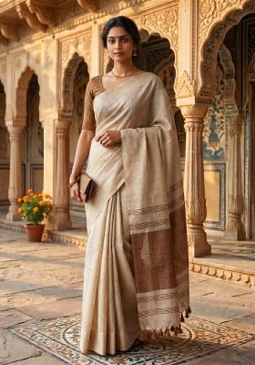 Brown Jacquard Silk Blend Saree Set