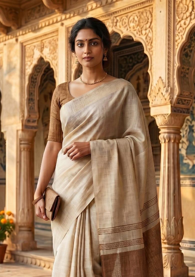 Brown Jacquard Silk Blend Saree Set - Indya