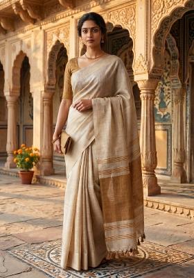 Golden Jacquard Silk Blend Saree Set