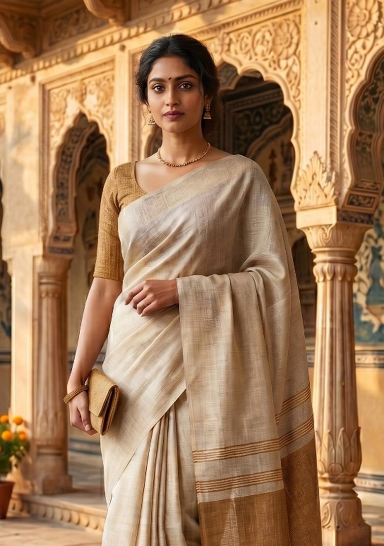 Golden Jacquard Silk Blend Saree Set - Indya
