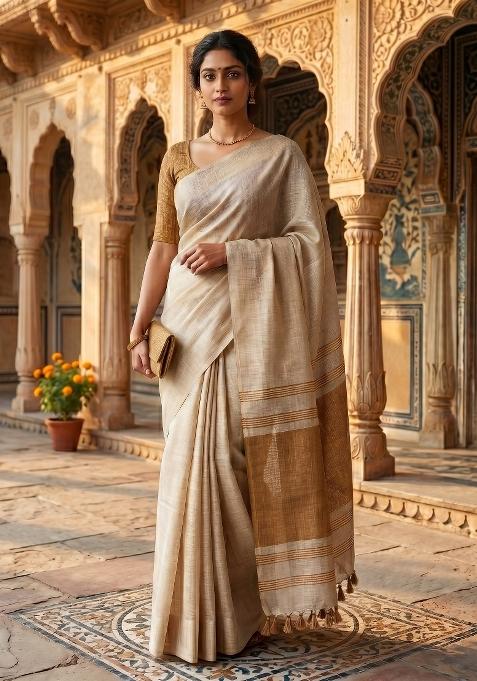 Golden Jacquard Silk Blend Saree Set