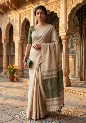Green Jacquard Silk Blend Saree Set