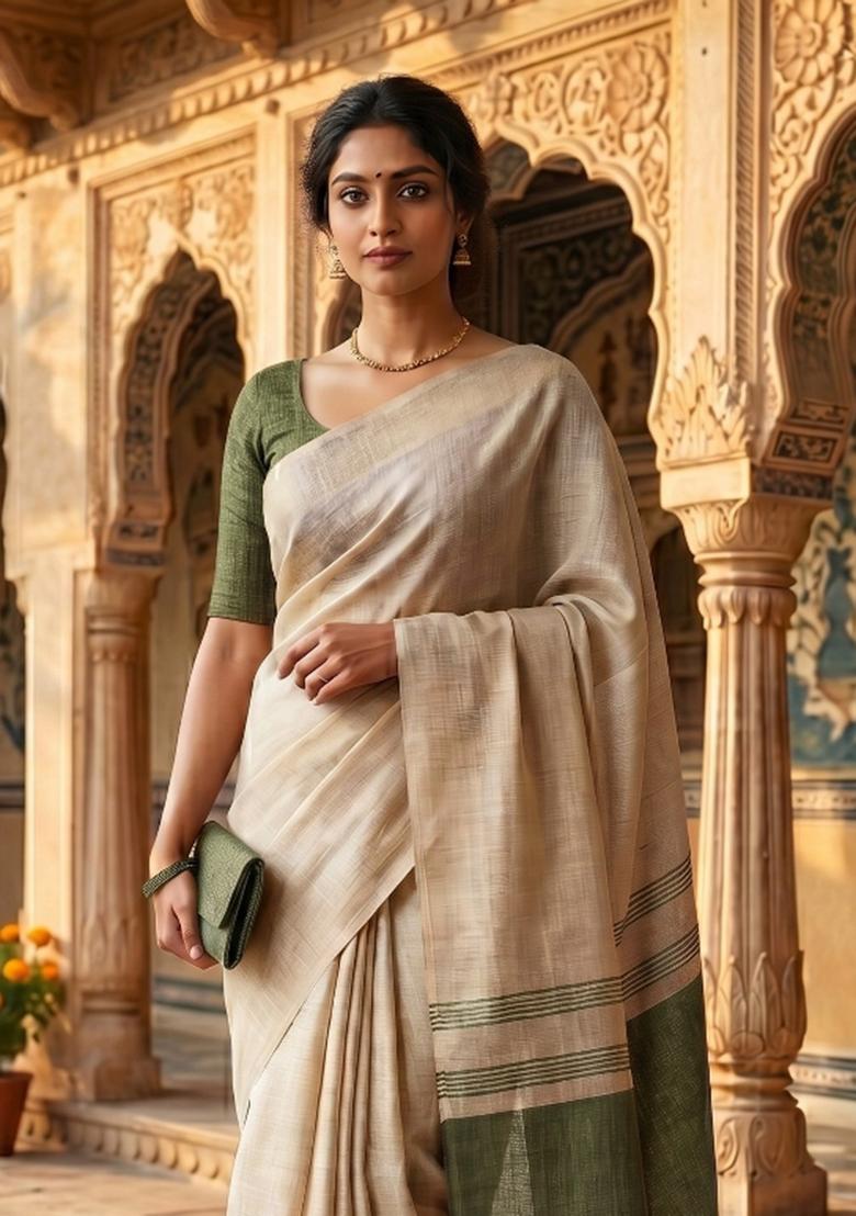 Green Jacquard Silk Blend Saree Set - Indya