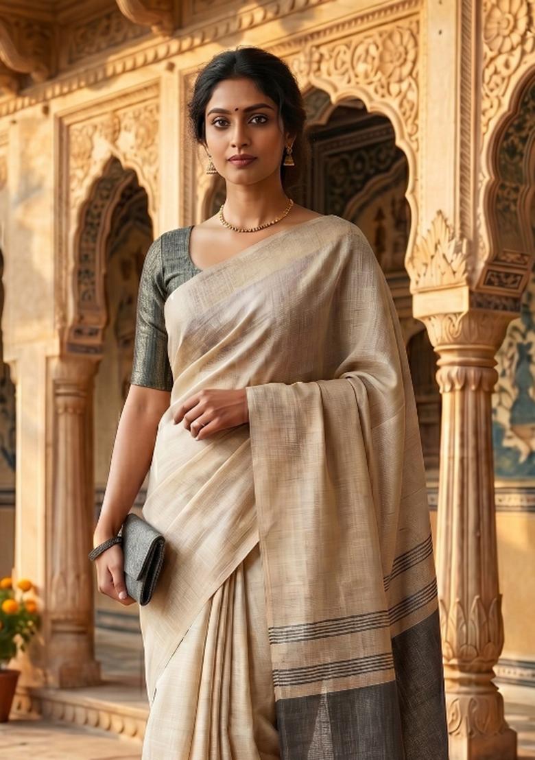 Grey Jacquard Silk Blend Saree Set - Indya