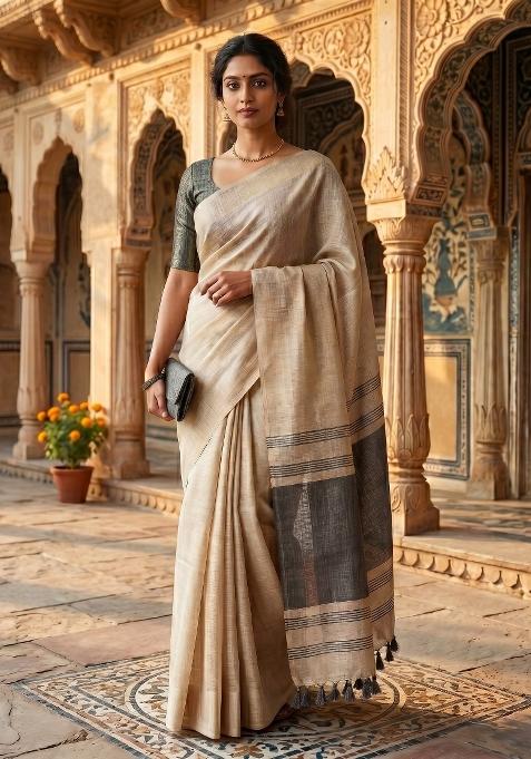 Grey Jacquard Silk Blend Saree Set