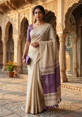 Purple Jacquard Silk Blend Saree Set