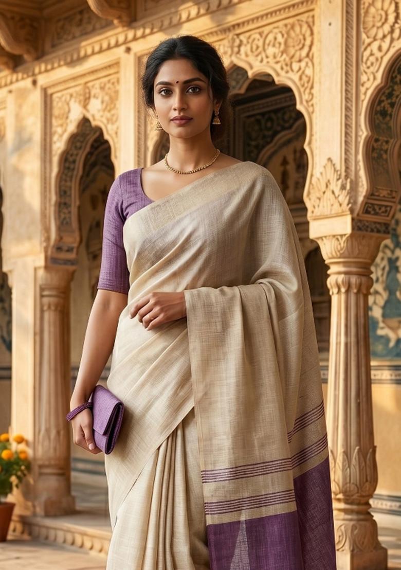 Purple Jacquard Silk Blend Saree Set - Indya