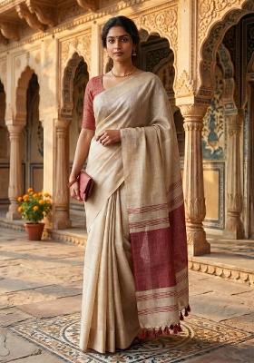 Red Jacquard Silk Blend Saree Set