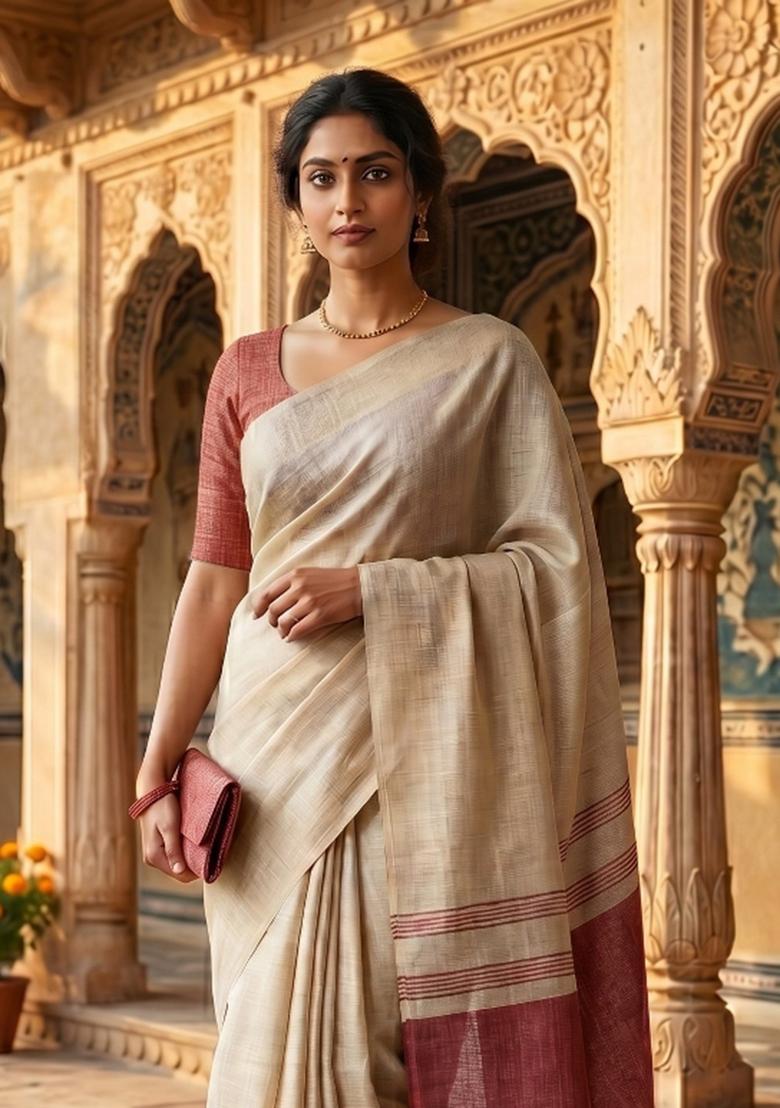 Red Jacquard Silk Blend Saree Set - Indya