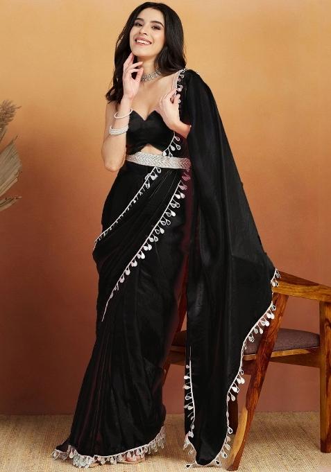 Black Mirror Work Silk Blend Saree Set