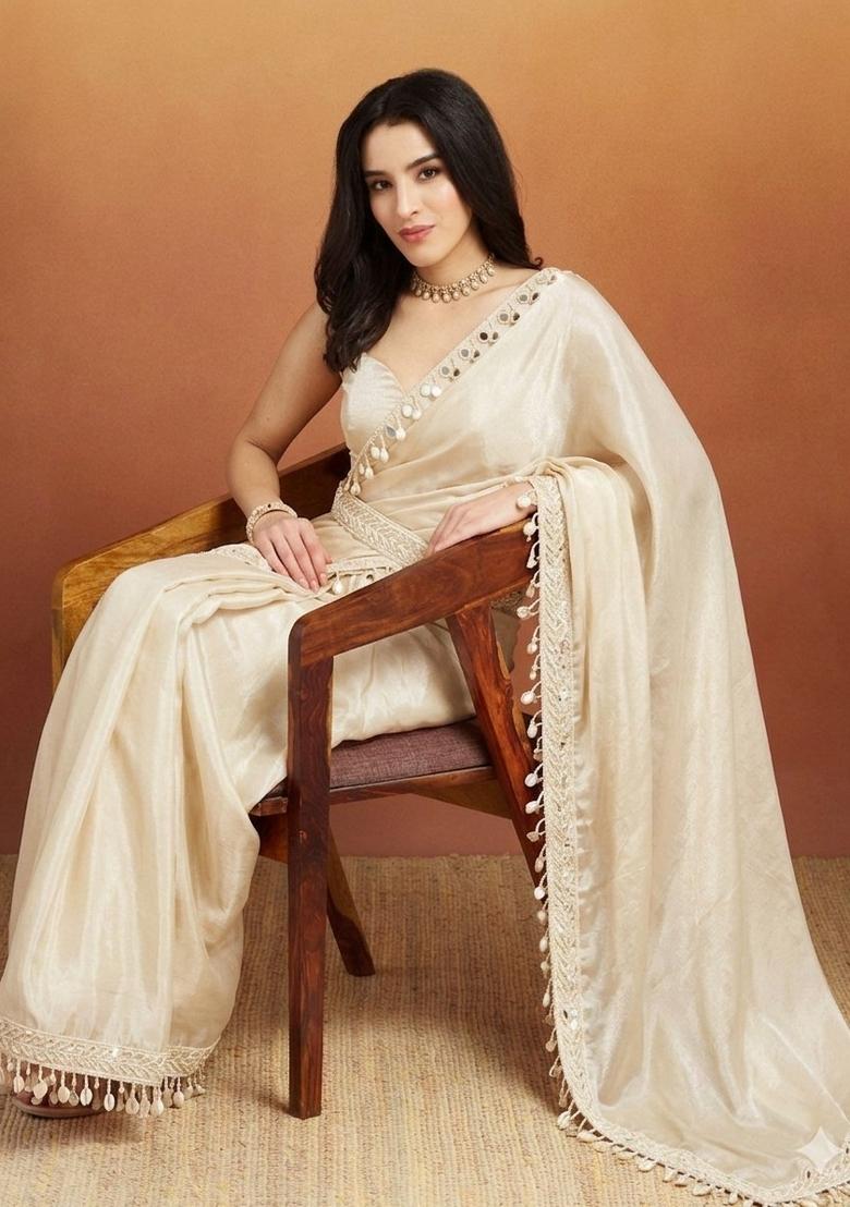 Cream Mirror Work Silk Blend Saree Set - Indya