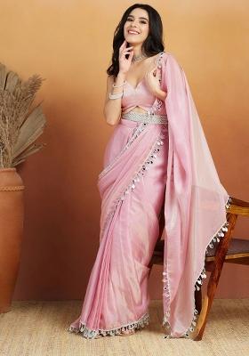 Onion Mirror Work Silk Blend Saree Set