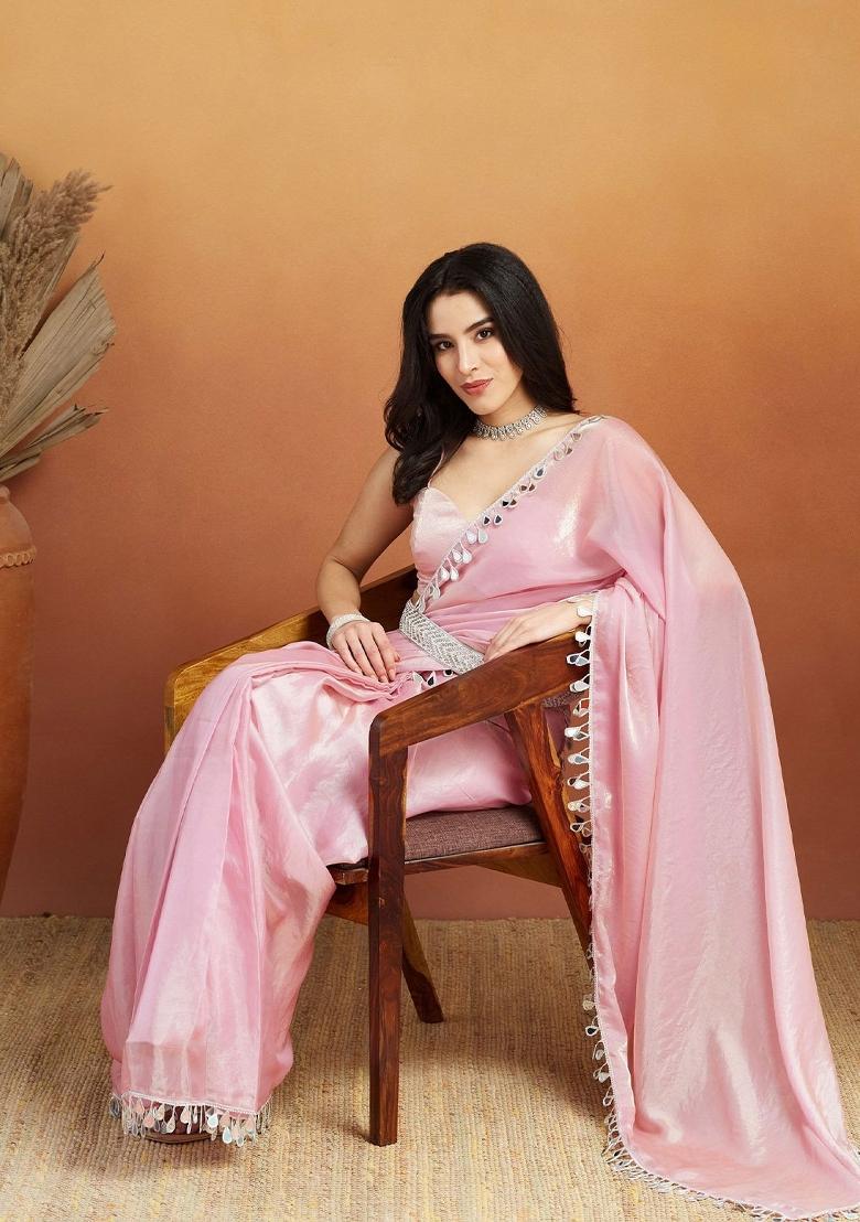 Onion Mirror Work Silk Blend Saree Set - Indya