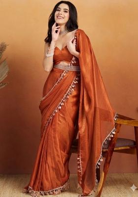 Rust Mirror Work Silk Blend Saree Set