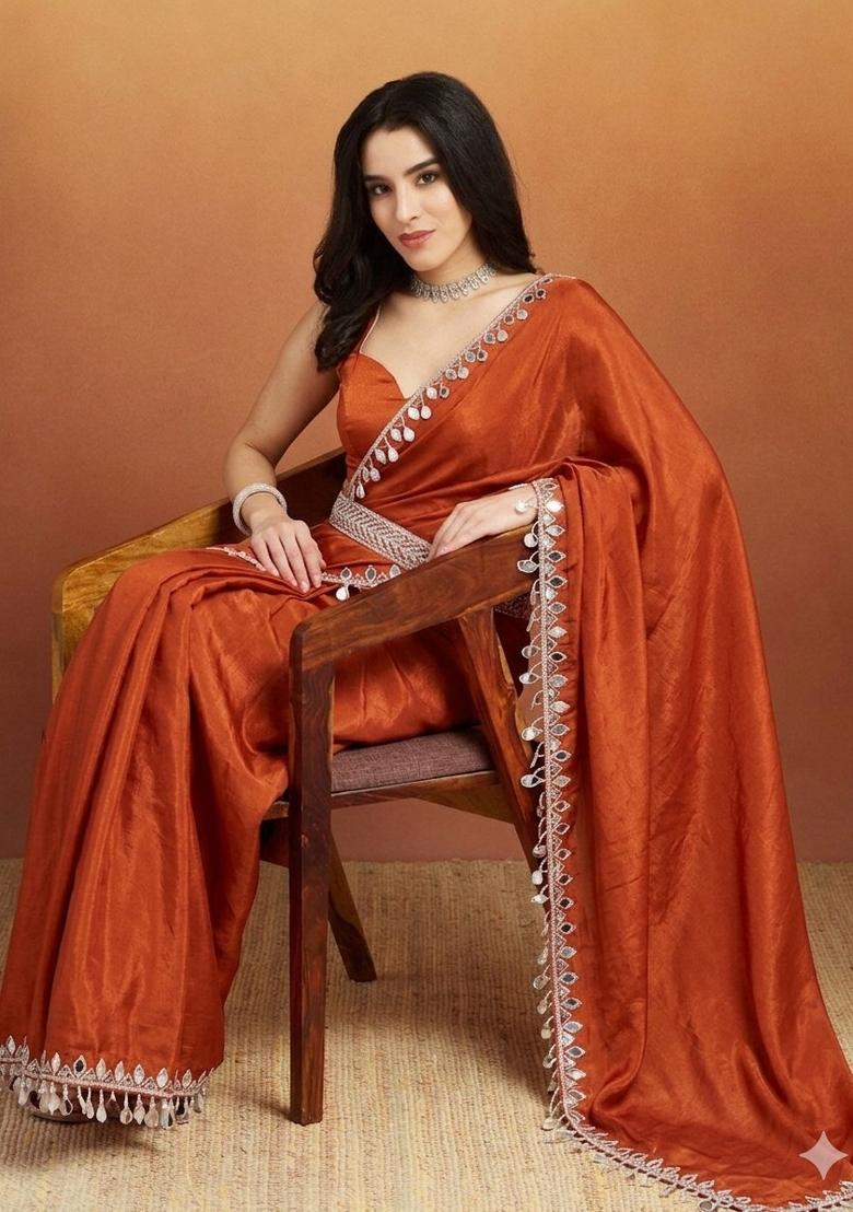 Rust Mirror Work Silk Blend Saree Set - Indya
