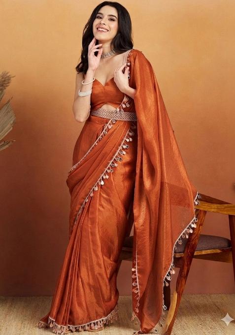 Rust Mirror Work Silk Saree Set