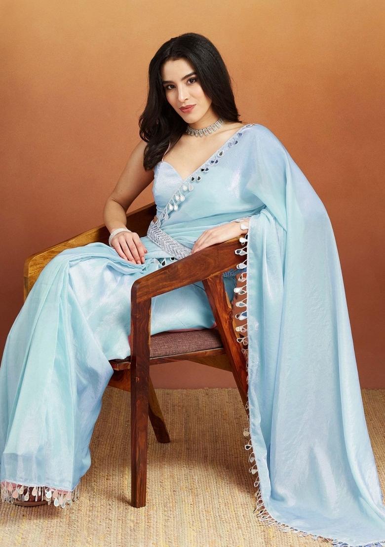 Sky Blue Mirror Work Silk Blend Saree Set - Indya
