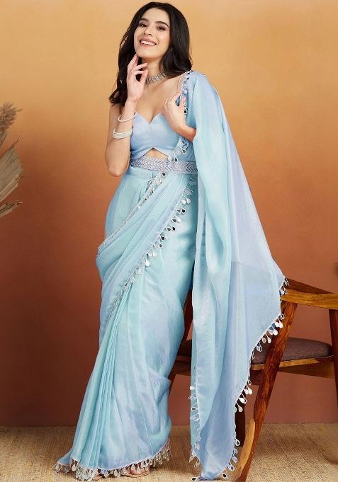 Sky Blue Mirror Work Silk Blend Saree Set