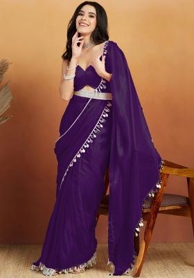 Violet Mirror Work Silk Blend Saree Set
