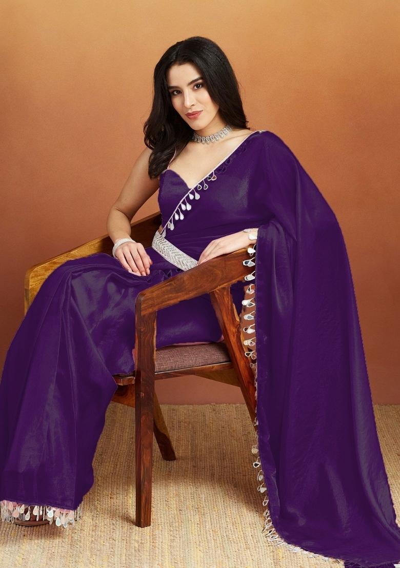 Violet Mirror Work Silk Blend Saree Set - Indya