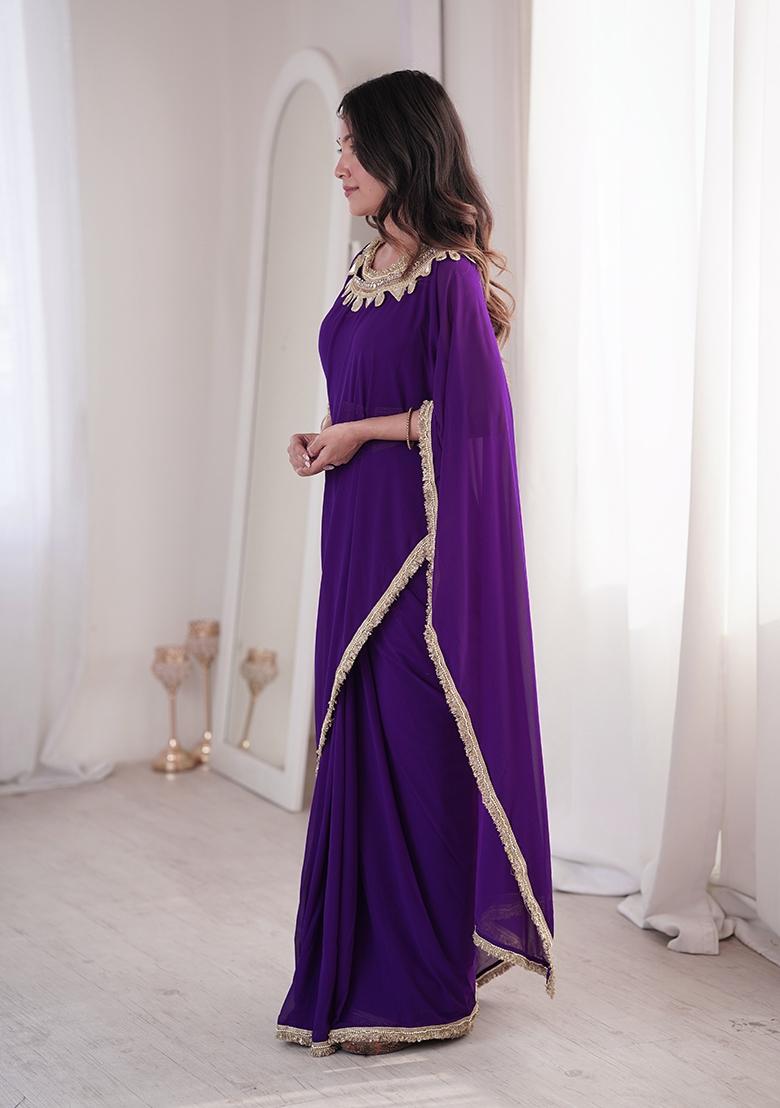 Violet Mirror Work Georgette Saree Set - Indya