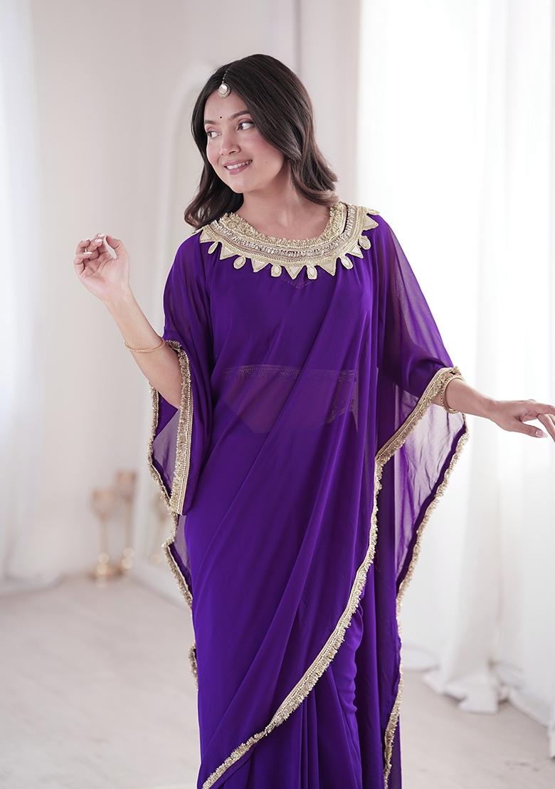 Violet Mirror Work Georgette Saree Set - Indya