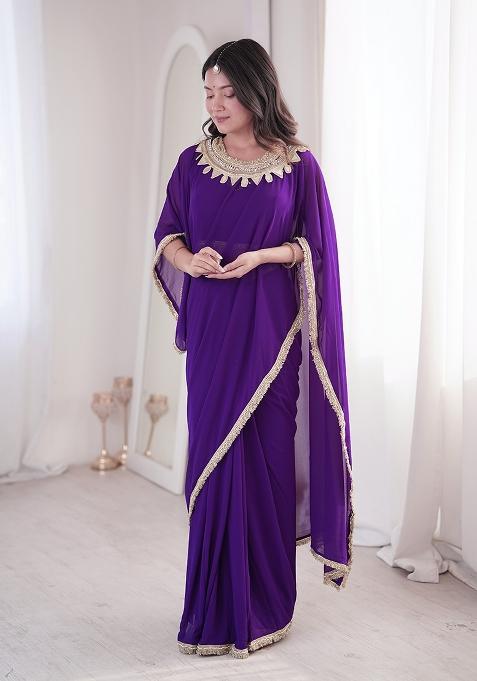 Violet Mirror Work Georgette Saree Set
