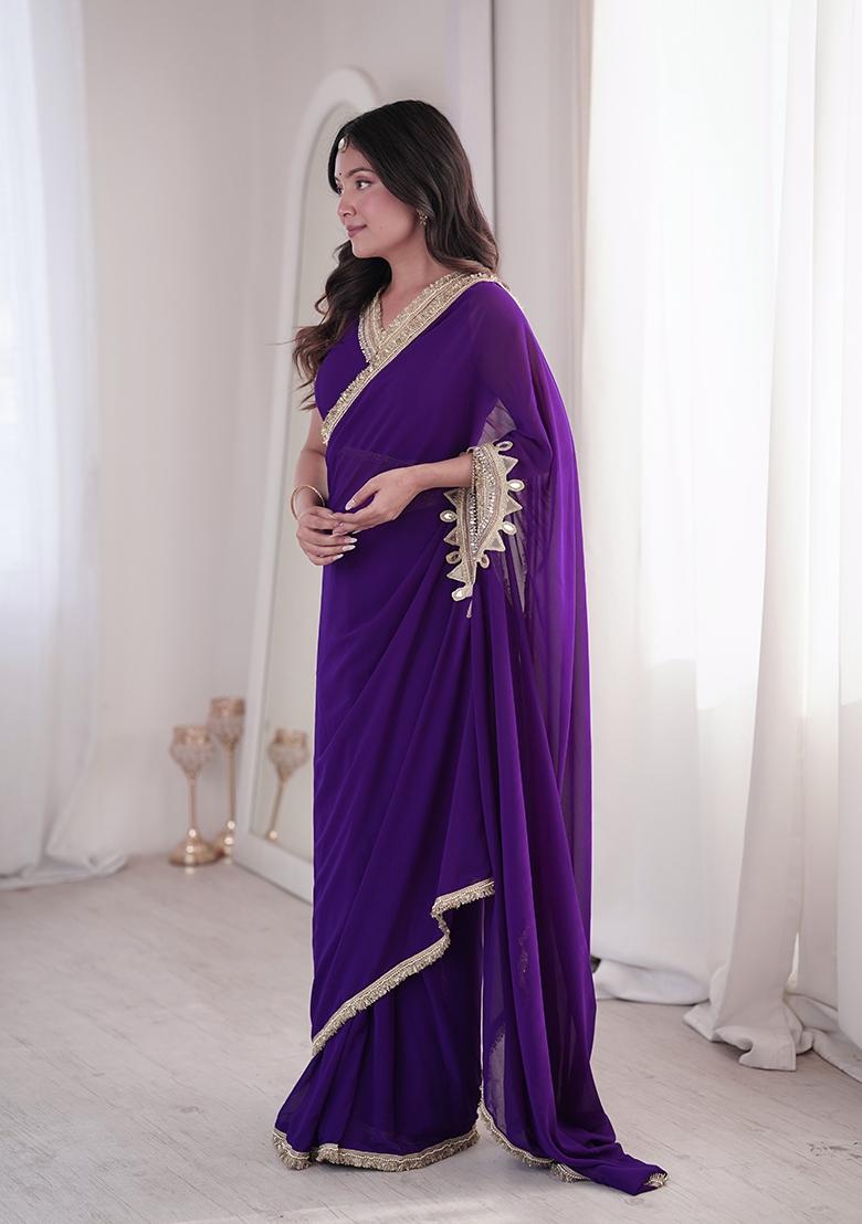 Violet Mirror Work Georgette Saree Set - Indya