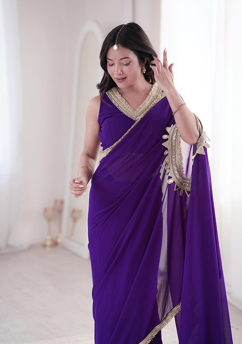Violet Mirror Work Georgette Saree Set - Indya