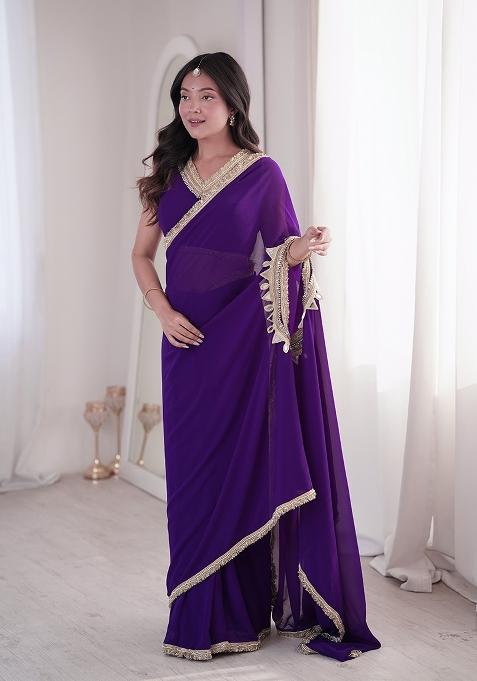 Violet Mirror Work Georgette Saree Set