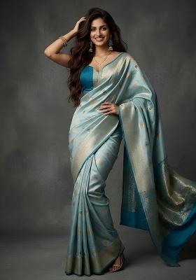 Sky Blue Zari Work Banarsi Saree Set
