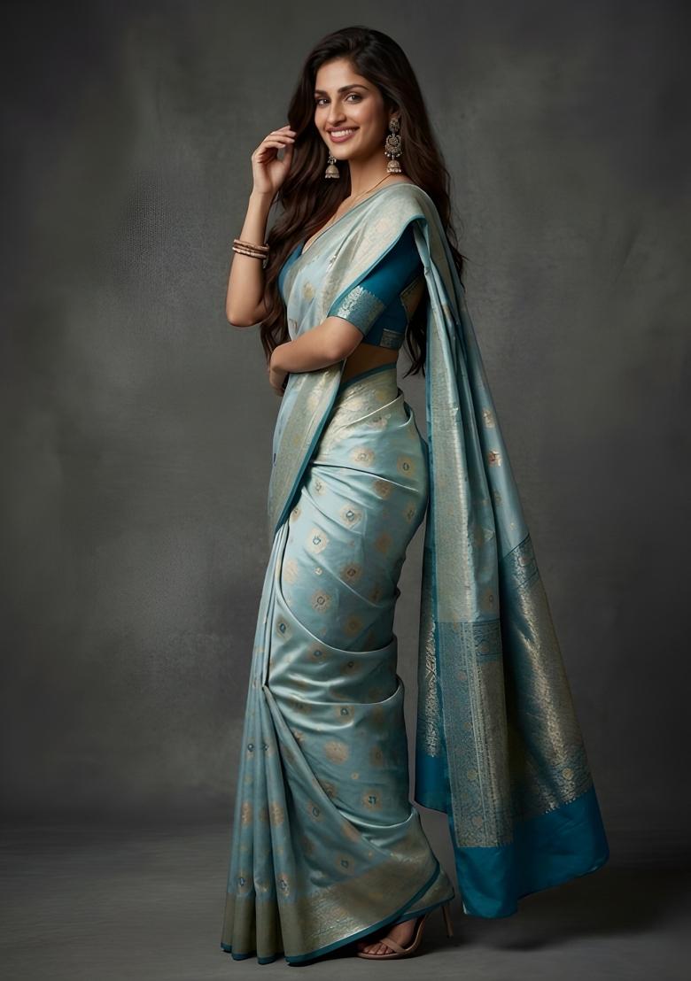 Sky Blue Zari Work Banarsi Saree Set - Indya