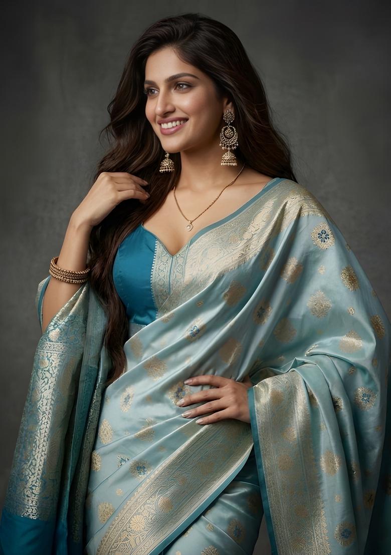 Sky Blue Zari Work Banarsi Saree Set - Indya