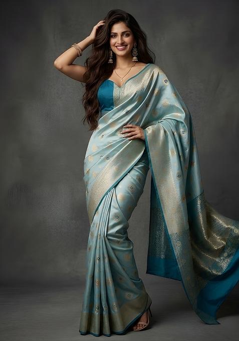 Sky Blue Zari Work Banarsi Saree Set