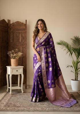 Purple Zari Work Banarsi Saree Set