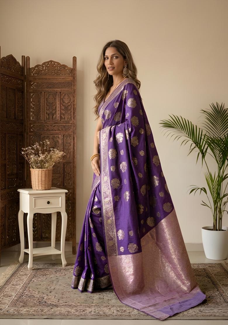 Purple Zari Work Banarsi Saree Set - Indya
