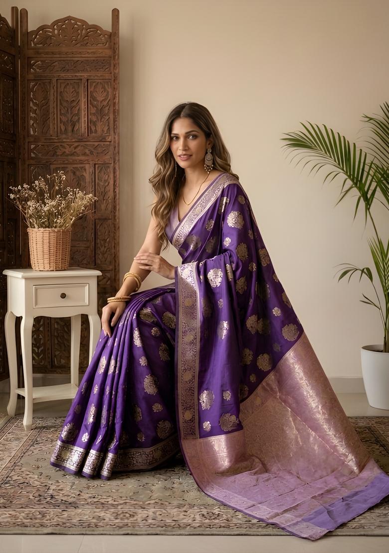 Purple Zari Work Banarsi Saree Set - Indya