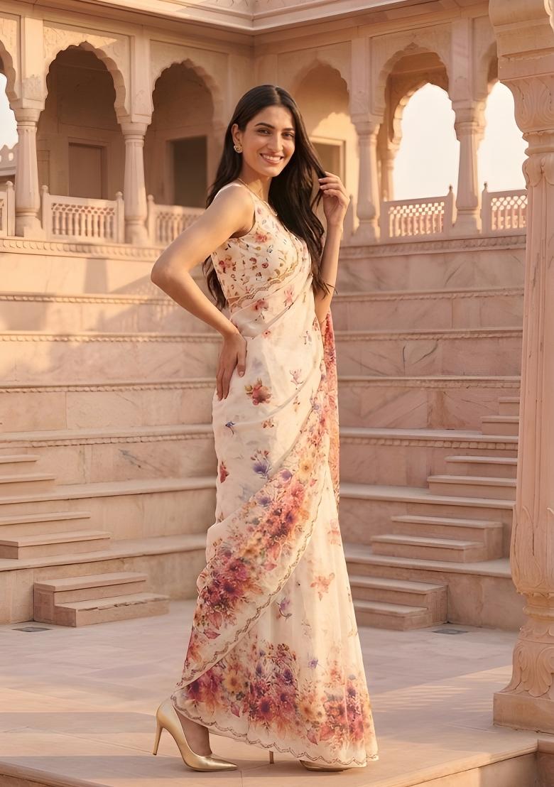 Off White Floral Print Cotton Saree Set - Indya
