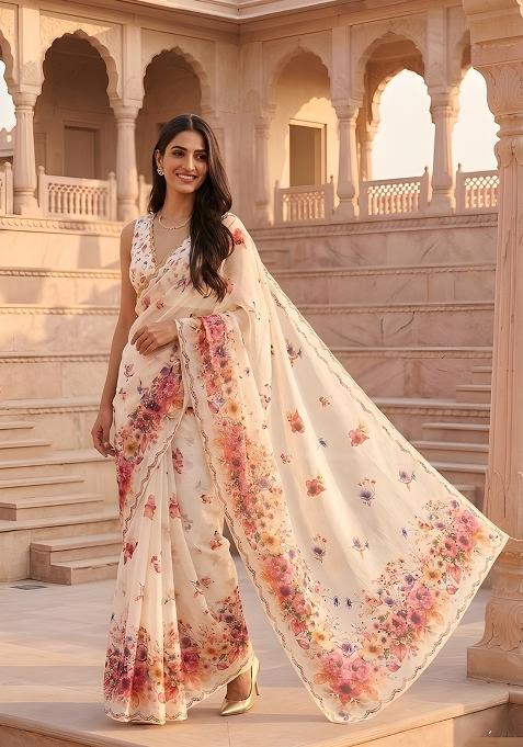 Off White Floral Print Cotton Saree Set