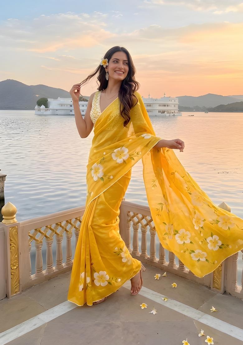 Yellow Floral Print Cotton Saree Set - Indya