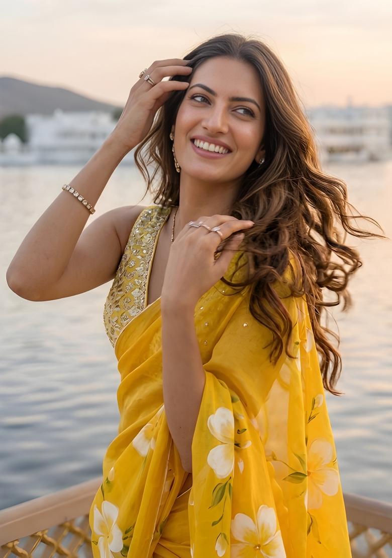 Yellow Floral Print Cotton Saree Set - Indya