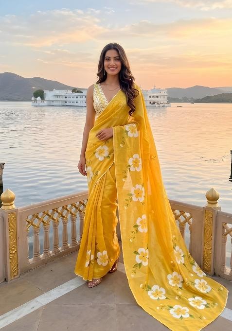 Yellow Floral Print Cotton Saree Set