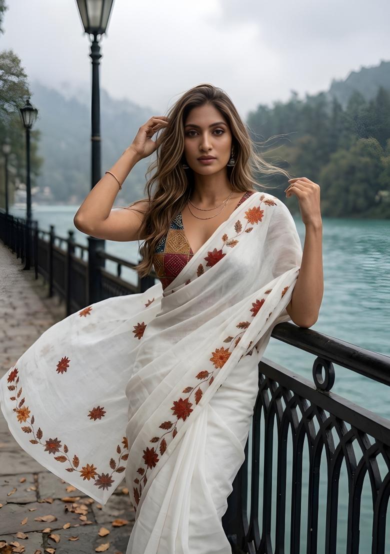 White Floral Print Cotton Saree Set - Indya