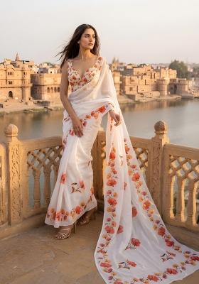 White Floral Print Cotton Saree Set