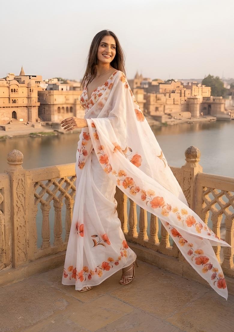 White Floral Print Cotton Saree Set - Indya