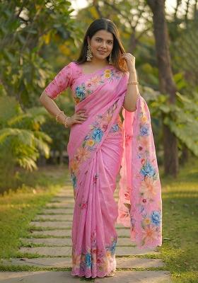 Pink Hand Work Chinon Saree Set