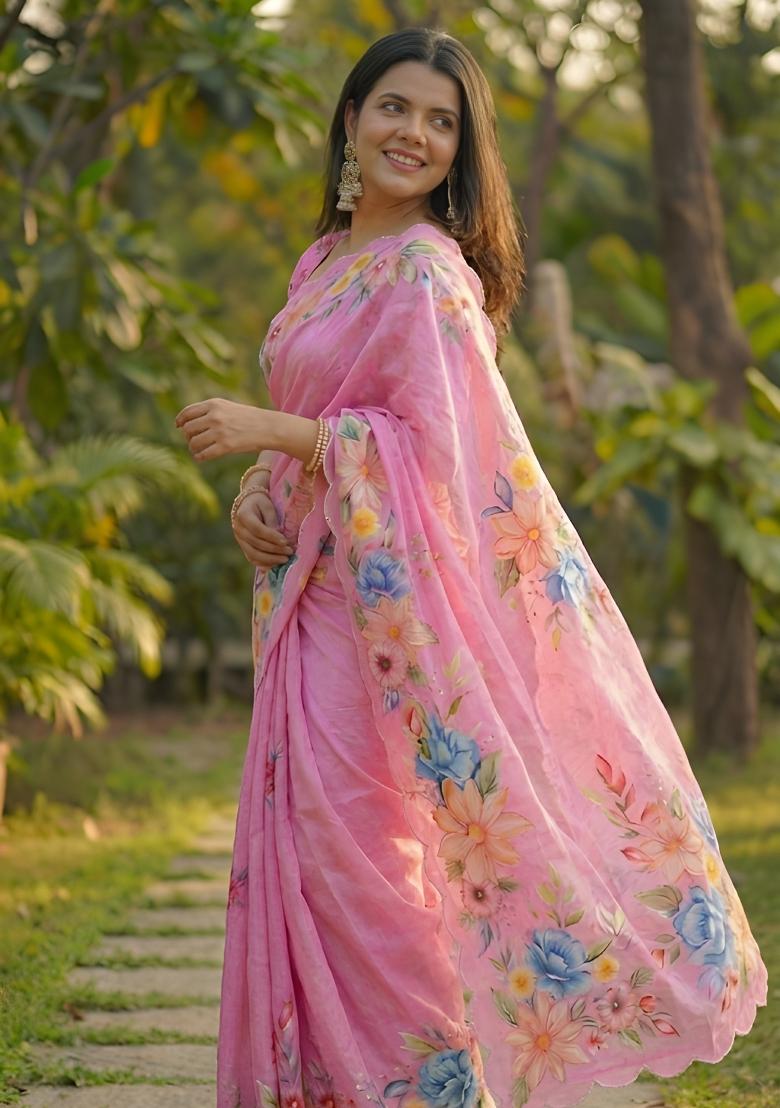 Pink Hand Work Chinon Saree Set - Indya